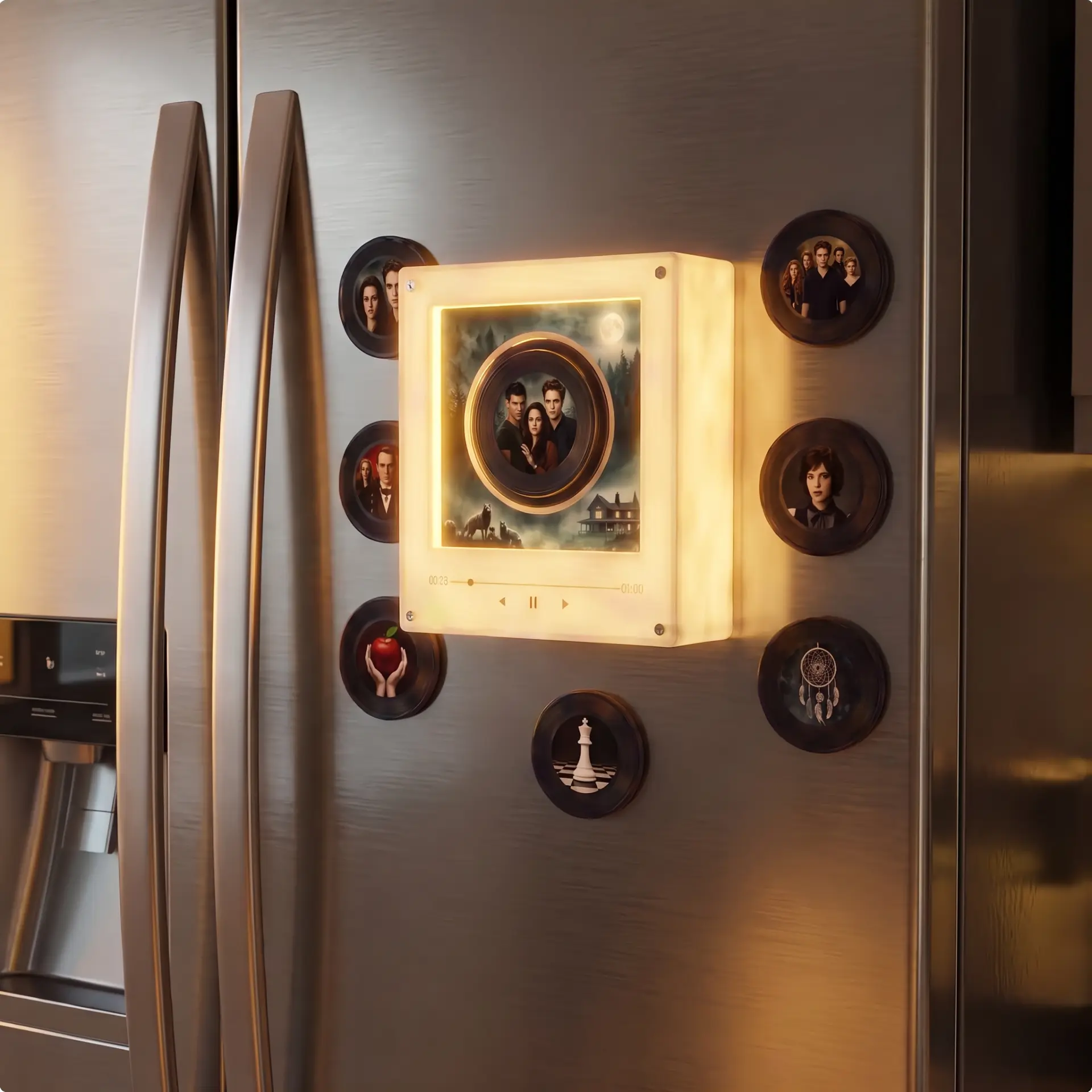 An Echofy magnetic music box glowing on a fridge, surrounded by magnetic song discs